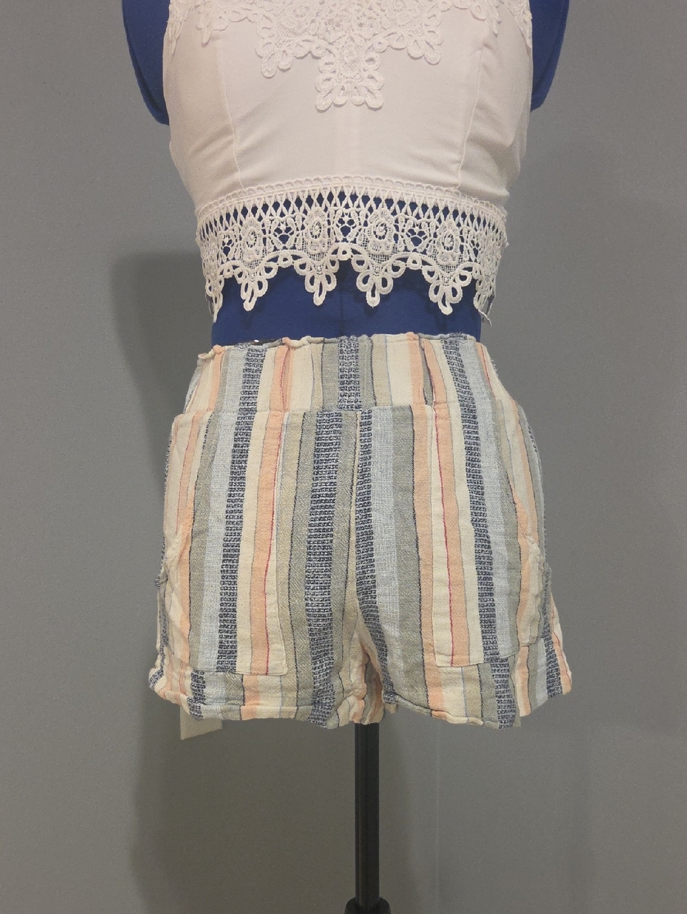 Indigo Rein Striped High-Waist Shorts in Cream, Blue & Peach